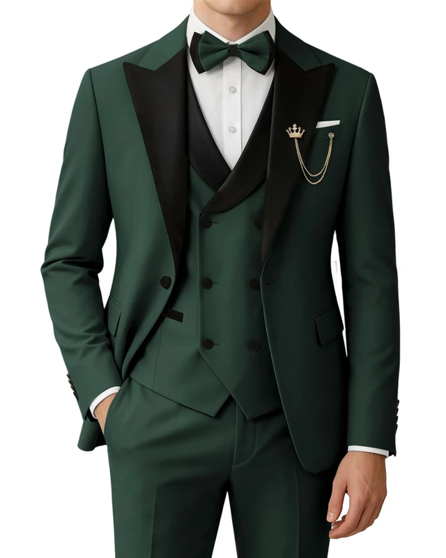 SPTALLFITJSV Mens 3 Piece Tuxedo Suit Slim Fit Wedding Prom Dinner Tuxedo for Men Double Breasted Suits Set with Bow Tie, Dark Green, S