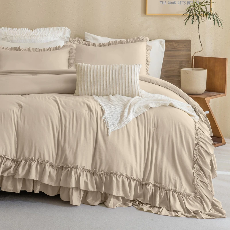 QSH Queen's House Ruffled King Size Comforter Set,Linen Feel Textured Farmhouse Lightweight Fluffy Boho Chic Bedding Comforter,Ultra Soft Microfiber Inner Fill Bedding