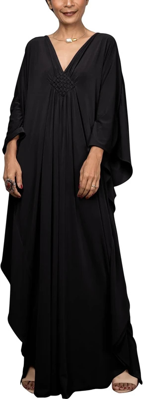 AIEOE Women Full Length Solid Color/Boho Floral Bikini Swimsuit Cover Up Kaftan Dress Batwing Sleeve Plus Size Beach Loose Colorful A-Black