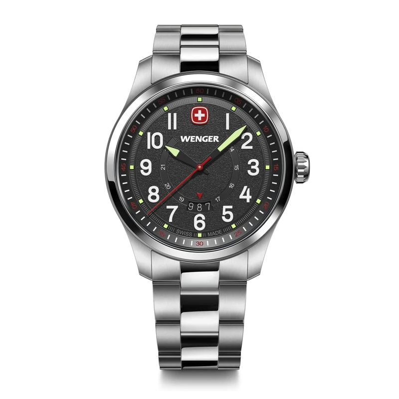 Wenger Men’s Watch Terragraph Ø 43 mm, Swiss Made, Analogue Quartz, Water-Resistant up to 100 m, Stainless Steel Strap, Black/Silver, 01.0541.122