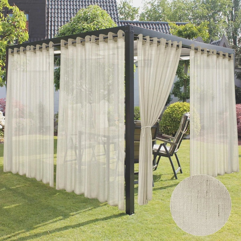 HolidayIdeas 4 Panels Outdoor Sheer Curtains for Patio Waterproof 110x95 Inch-Extra Wide Voile Outside Curtain Panels Natural Linen Sheer Curtains, Light Filtering Drapes for Gazebo, Front Porch, Pool