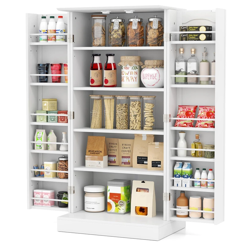 GiantexUK Kitchen Cupboard, Wooden Buffet Pantry Cabinet with 17 Shelves and 2 Doors, Multifunctional Storage Organizer for Living Room Dinning Room (White, 60 x 40 x 120cm)