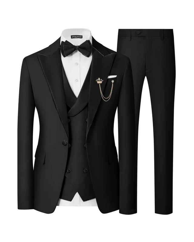 SPTALLFITJSV Mens Tuxedo Suit Set Slim Fit 3 Piece Wedding Prom Dinner Tuxedo for Men Double Breasted Suits Set with Bow Tie, Black, M