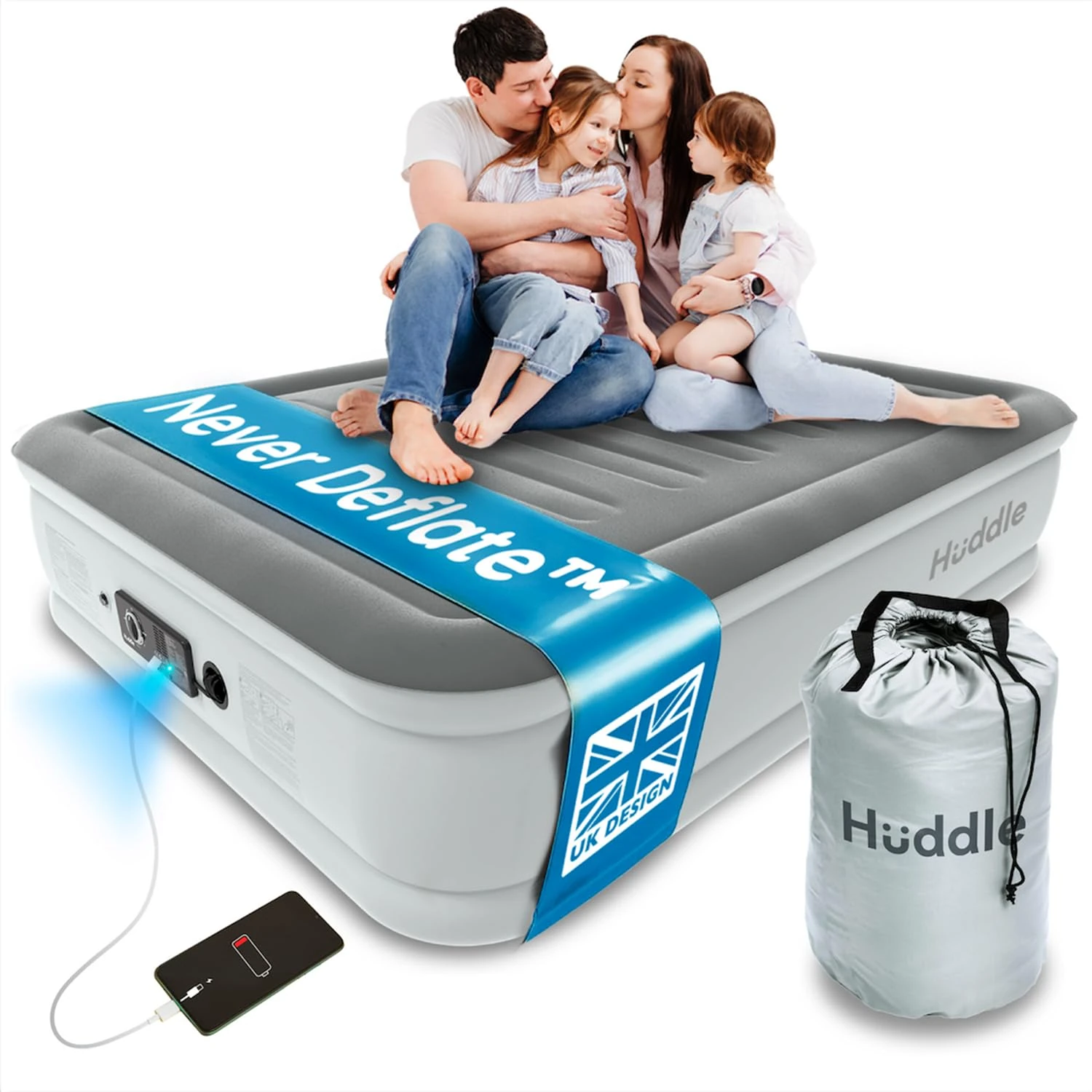Huddle NEVER DEFLATE™ Luxury King Air Bed, Good Housekeeping 2025 Air Mattress Winner, Dual Pump SlumberGuard™ Tech, Adjustable Firmness, Built-in Pump & USB Nightlight