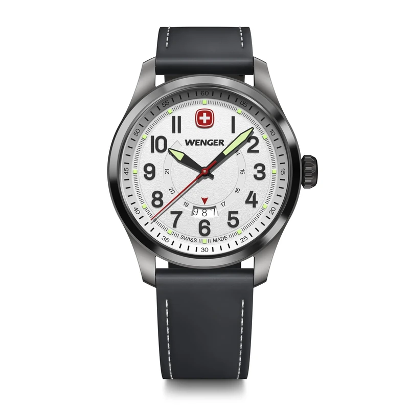 Wenger Men’s Watch Terragraph Ø 43 mm, Swiss Made, Analogue Quartz, Water-Resistant up to 100 m, Leather Strap, Black/White, 01.0541.126