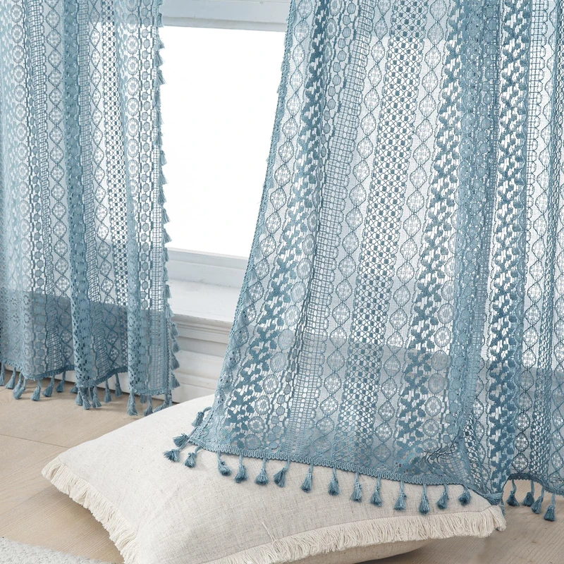 WAZZIO Cotton Sheer Slate Blue Curtains - 63 Inch Length, 2 Panels Rod Pocket Tassel Boho Crochet Lace Curtains for Light Blue Bedroom & Living Room Privacy
