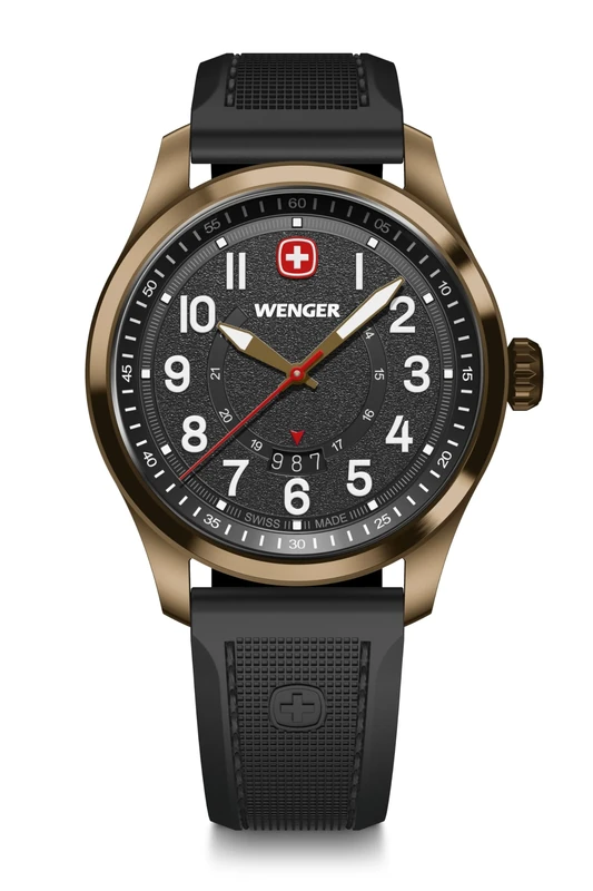 Wenger Men’s Watch Terragraph Ø 43 mm, Swiss Made, Analogue Quartz, Water-Resistant up to 100 m, Silicone Strap, Black/Bronze, 01.0541.125
