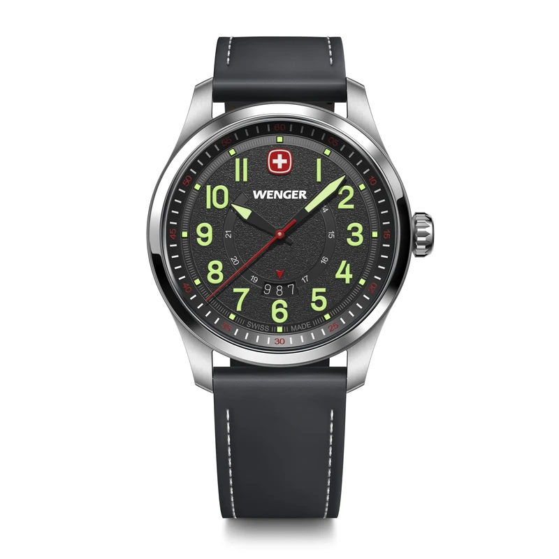 Wenger Men’s Watch Terragraph Ø 43 mm, Swiss Made, Analogue Quartz, Water-Resistant up to 100 m, Leather Strap, Black, 01.0541.121