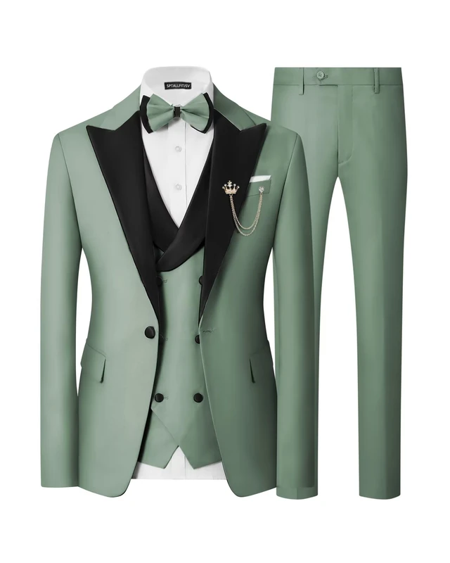 SPTALLFITJSV Mens Tuxedo Suit Set Slim Fit 3 Piece Wedding Prom Dinner Tuxedo for Men Double Breasted Suits Set with Bow Tie, Sage Green, L