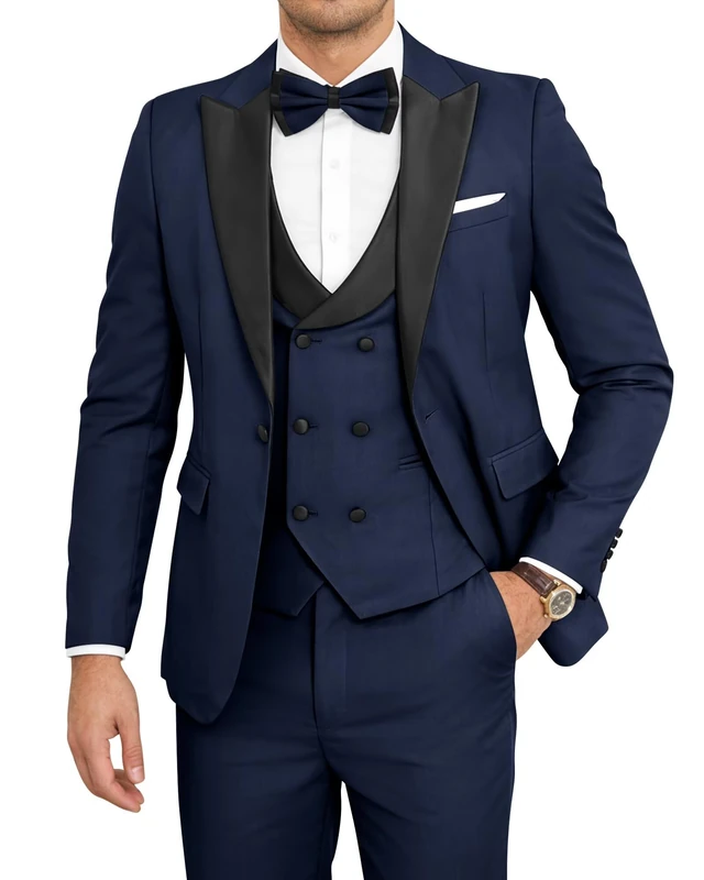 SPTALLFITJSV Mens 3 Piece Tuxedo Suit Slim Fit Wedding Prom Dinner Tuxedo for Men Double Breasted Suits Set with Bow Tie, Navy Blue, L - Image 1