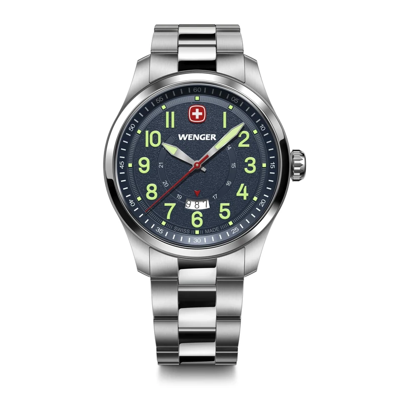 Wenger Men’s Watch Terragraph Ø 43 mm, Swiss Made, Analogue Quartz, Water-Resistant up to 100 m, Stainless Steel Strap, Blue/Silver, 01.0541.123