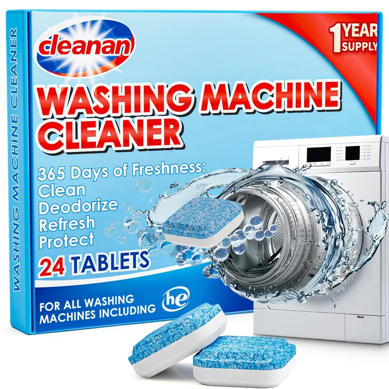 Washing Machine Cleaner Deep Clean Tablets - 24 Pack for Year-Round Deep Clean, Suitable for HE, Top Load & Front Load Washer Cleaner, Removes Odor, Grime & Build-Up, Septic Safe, Eco-Friendly