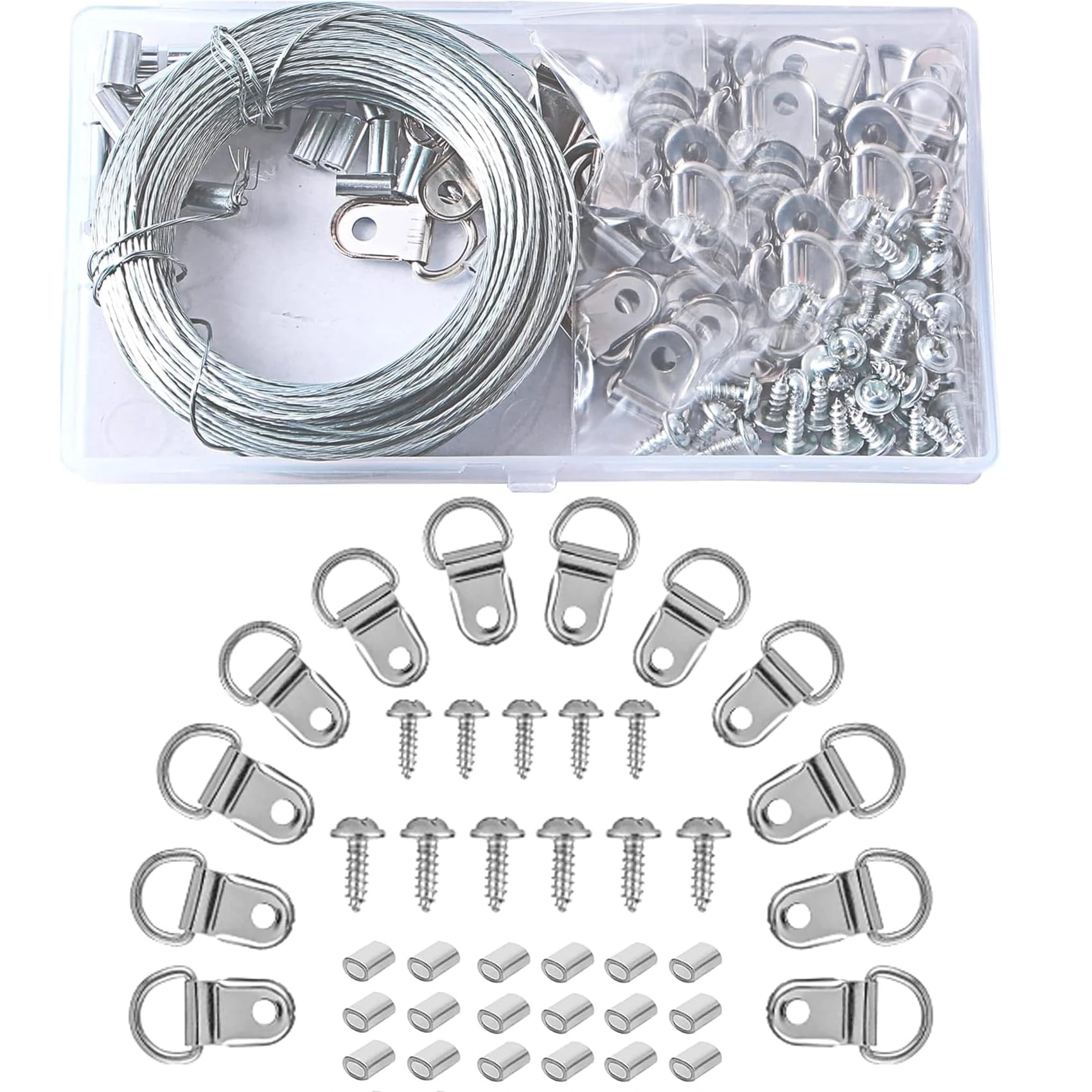 Picture Hanging Wire,30M Picture Wire Picture Hooks Picture Hanging Kit with D Ring Picture Hangers,Crimping Loop Sleeve for Hanging Photo Frames, Mirror, Wall Art