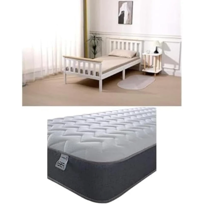 Bundle of Starlight Beds Somnium White Shaker Wooden Bed Frame Size Single 3ft + Starlight Beds Essentials Zig Zag Single Mattress with Springs and Memory Foam. 7.5 Inch Budget Mattress. Grey,