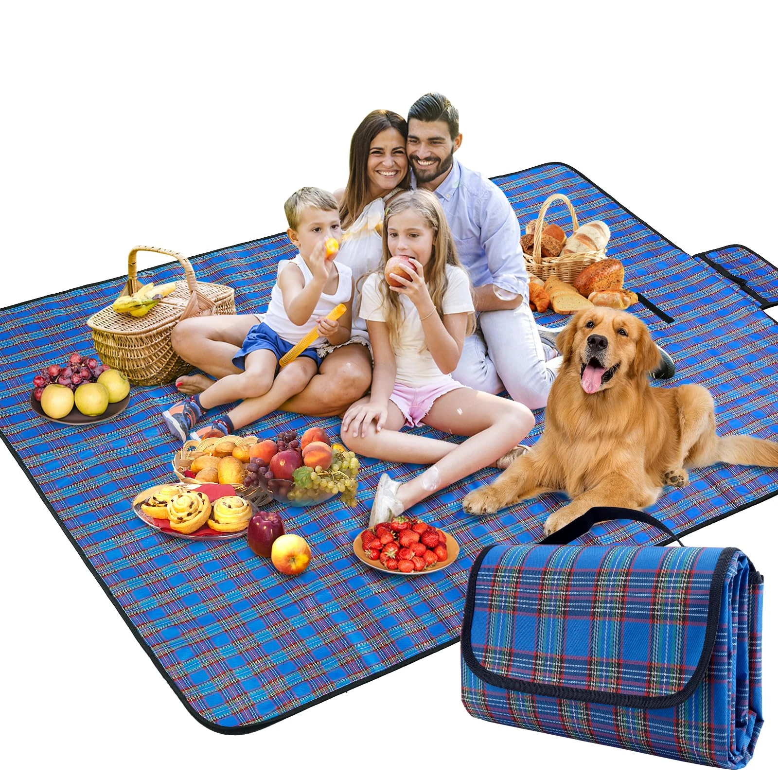 SOMIYAMI Tartan Picnic Blanket Waterproof, Garden Outdoor Camping Blanket, Beach Picnic Mat With Carrying Handle, Washable Multipurpose 150 x 200cm 150 x 200cm (Blue)