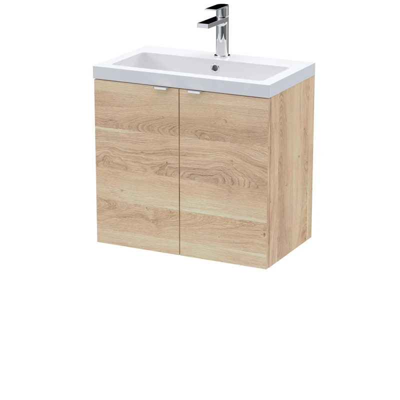 Hudson Reed CBI3036 Fusion Modern Bathroom Wall Hung 2 Soft Close Door Vanity Unit and Polymarble Basin, 600mm, Bleached Oak