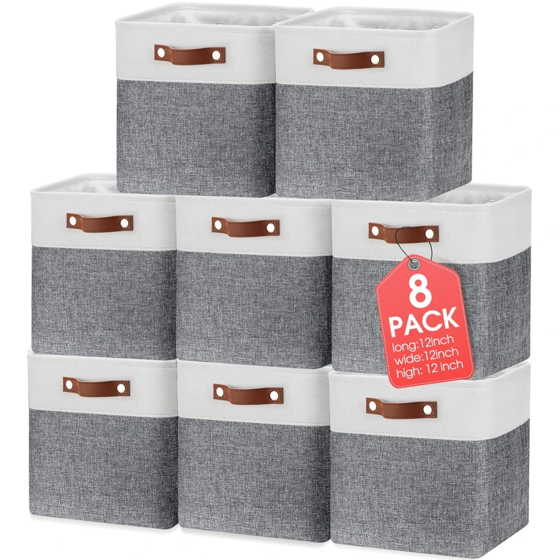 Uiifan 8 Pack 12 x 12 x 12 Inch Large Storage Baskets Collapsible Fabric Storage Cubes Bins with Handles for Shelves Closets Nursery Home Clothes Toys Organizers, Gray
