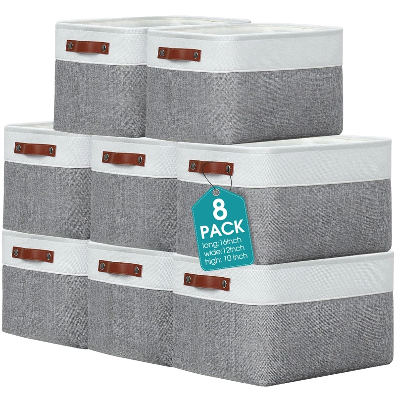 Uiifan 8 Pack 16 x 12 x 10 Inch Large Storage Baskets Collapsible Fabric Storage Cubes Bins with Handles for Shelves Closets Nursery Home Clothes Toys Organizers, Gray