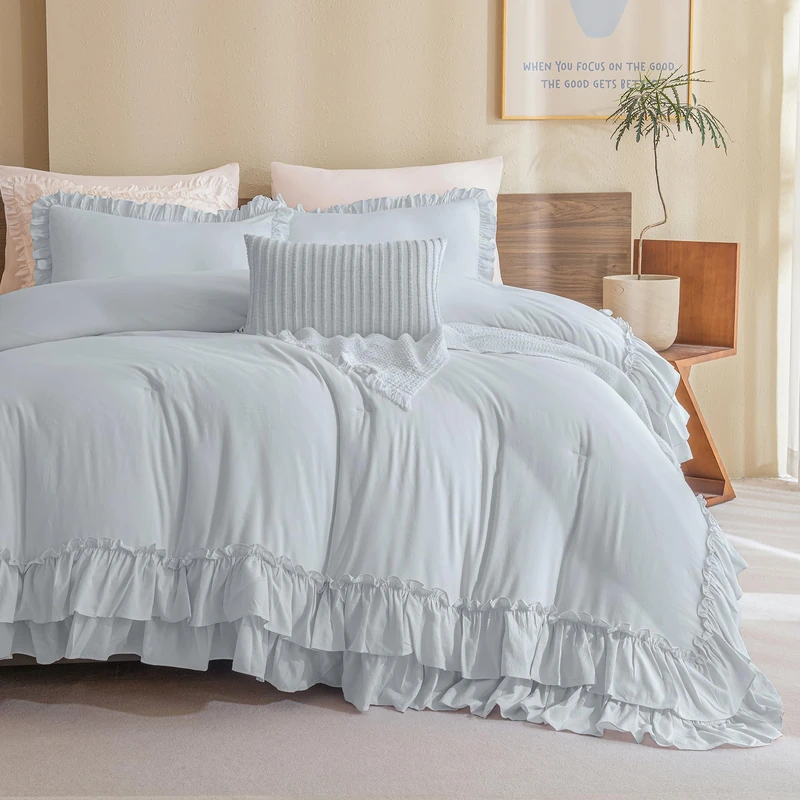 QSH Queen's House Light Blue Farmhouse Ruffled King Size Comforter Set,Lightweight Microfiber Inner Fill Fluffy Boho Chic Bedding Comforter,Ultra Soft Microfiber Inner Fill Bedding