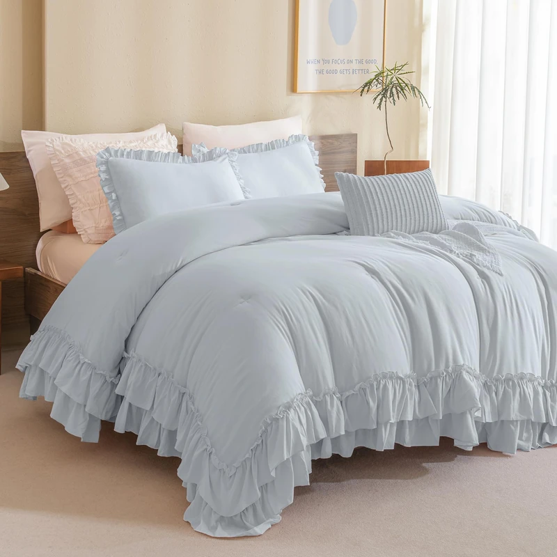 QSH Queen's House Light Blue Ruffled Comforter Set Queen Size, Lightweight Microfiber Inner Fill Fluffy Country Rustic Coquette Bedding