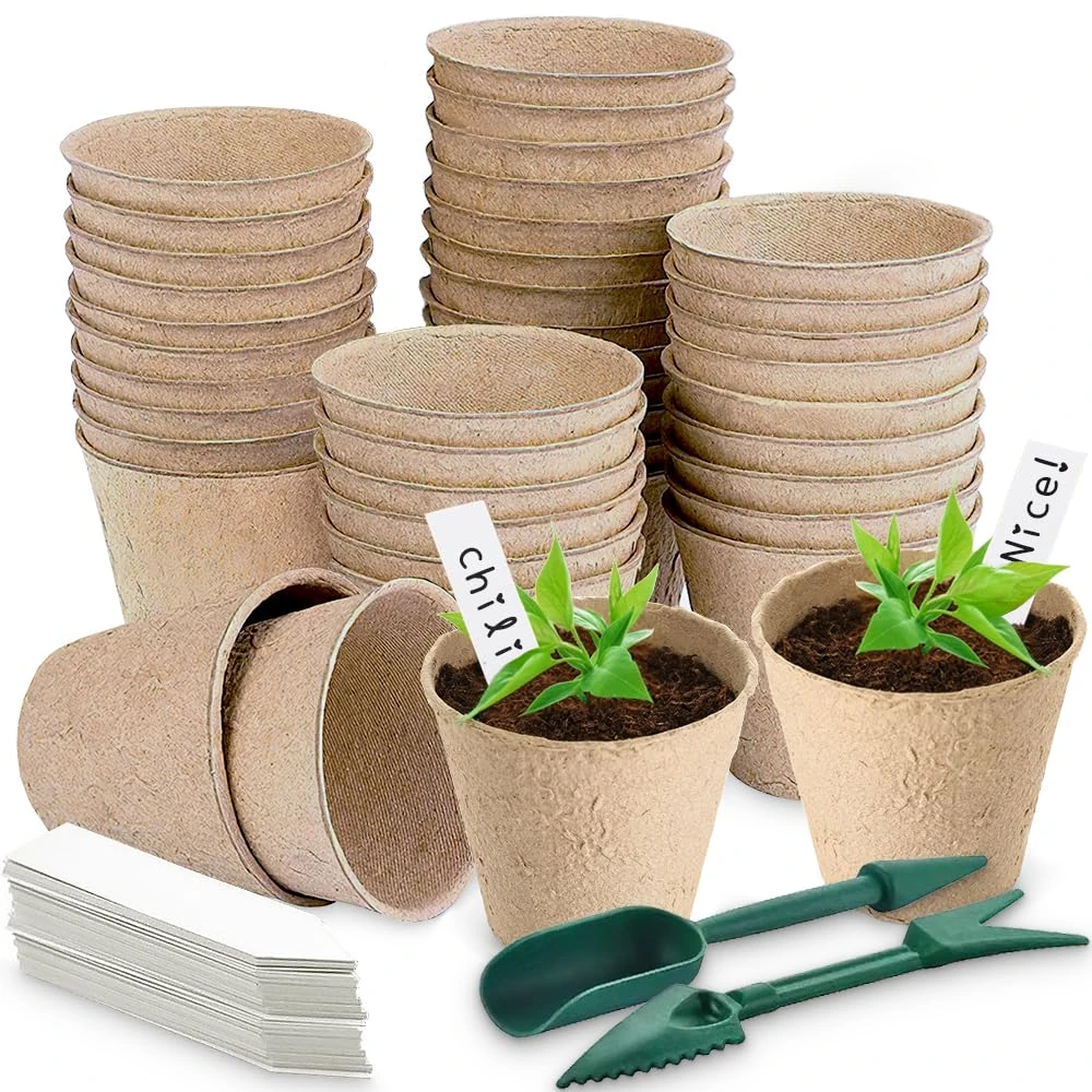 Aileem 40 Pack Round Fibre Pot Seed Seedling Pot, 8cm Biodegradable Plant Pots with 40pcs Plastic Plant Lables and Transplanting Digging Tools, Plant Flower Seed Tray Pots Kits, Garden