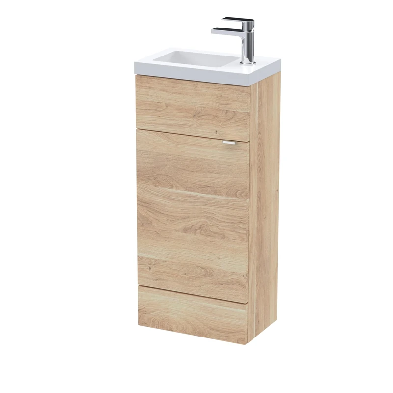 Hudson Reed CBI3021 Fusion Modern Bathroom Floor Standing 1 Soft Close Door Compact Vanity and Polymarble Basin Unit, 400mm, Bleached Oak