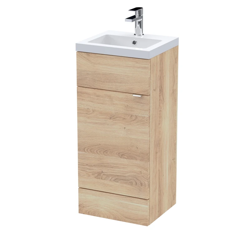 Hudson Reed CBI3023 Fusion Modern Bathroom Floor Standing 1 Soft Close Door Vanity and Polymarble Basin Unit, 400mm, Bleached Oak