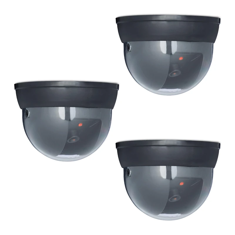 Relaxdays Dummy Camera, 3x Set, Fake Security, Flashing LED Light, CCTV, Indoor & Outdoor Garden Protection, Black