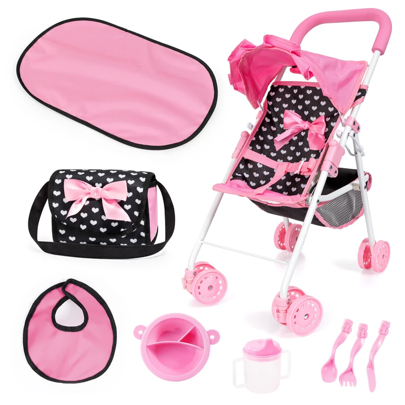 Bayer Design 21560AB Doll stroller set, pushchair, double wheels, security belt, integrated basket, bag, changing mat, accessories, Black, Pink
