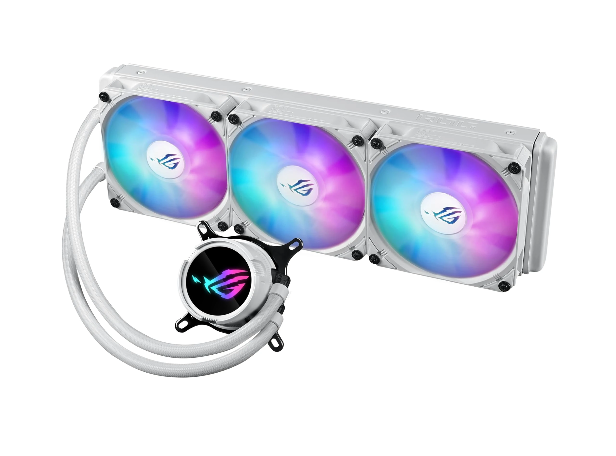 ASUS ROG Strix LC III 360 ARGB WHT all-in-one CPU liquid cooler with 360° rotatable water block, 7th gen V2 Asetek pump, Premium ROG ARGB fans, and 10+ custom Aura lighting effects.
