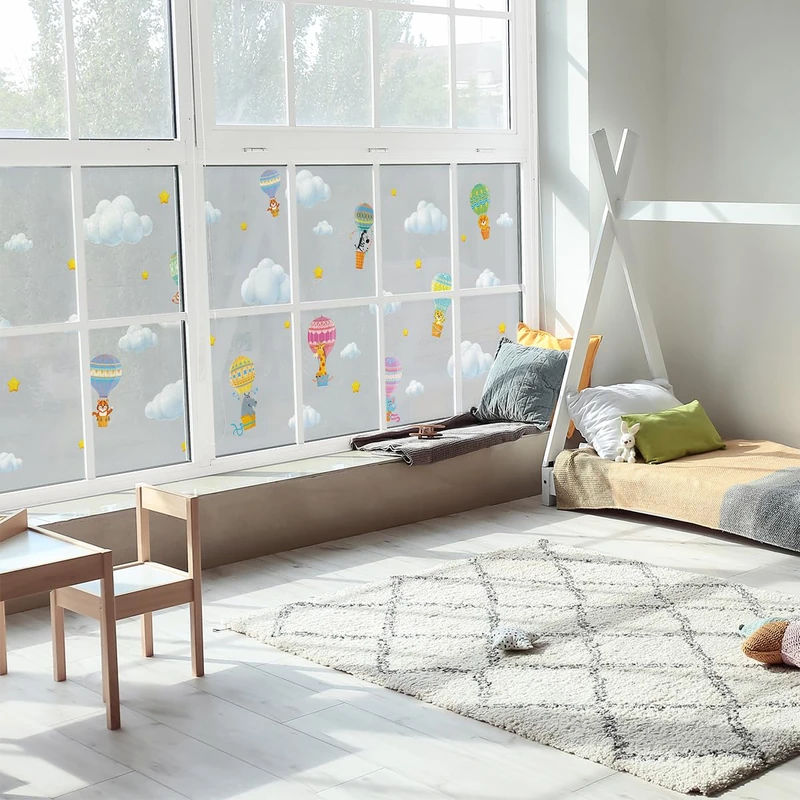Ambiance Sticker Anti-Blackout Window Film Adhesive – Hot Air Balloon Animals – Privacy Screen Sticker for Windows and Shower Doors XL – H40 x L200 cm