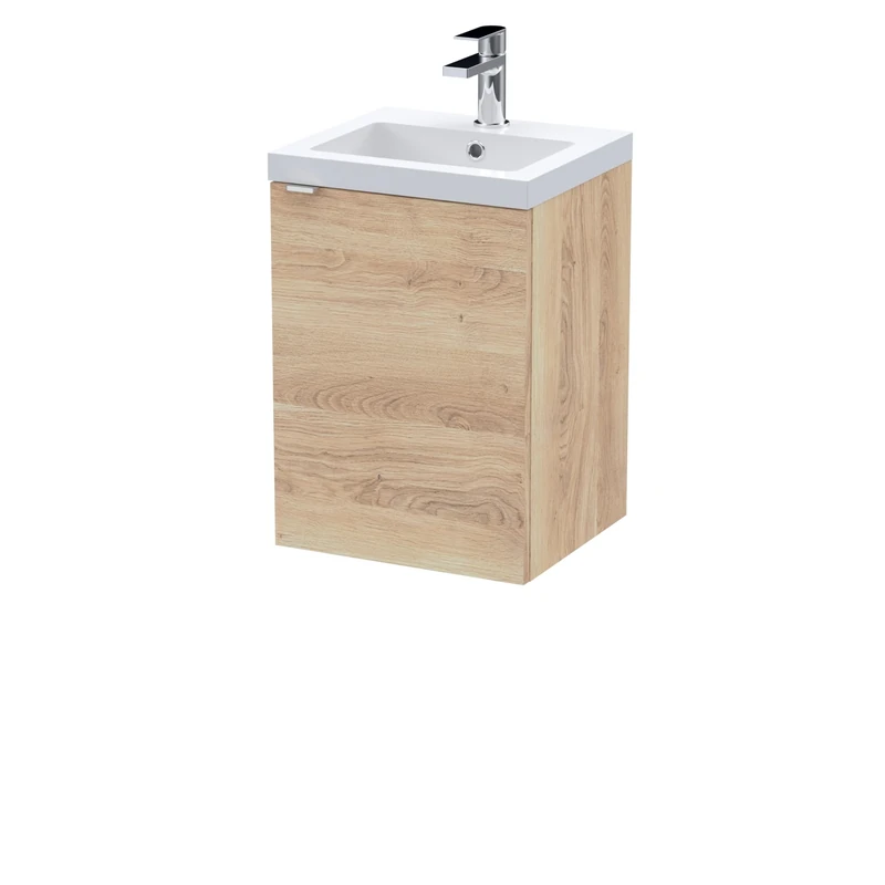 Hudson Reed CBI3039 Fusion Modern Bathroom Wall Hung 1 Soft Close Door Vanity and Polymarble Basin Unit, 400mm, Bleached Oak