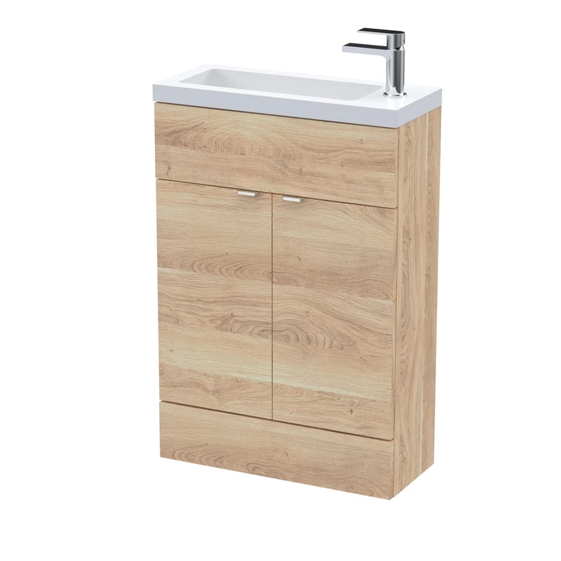 Hudson Reed CBI3006 Fusion Modern Bathroom Floor Standing 2 Soft Close Door Compact Vanity Unit and Polymarble Basin, 600mm, Bleached Oak