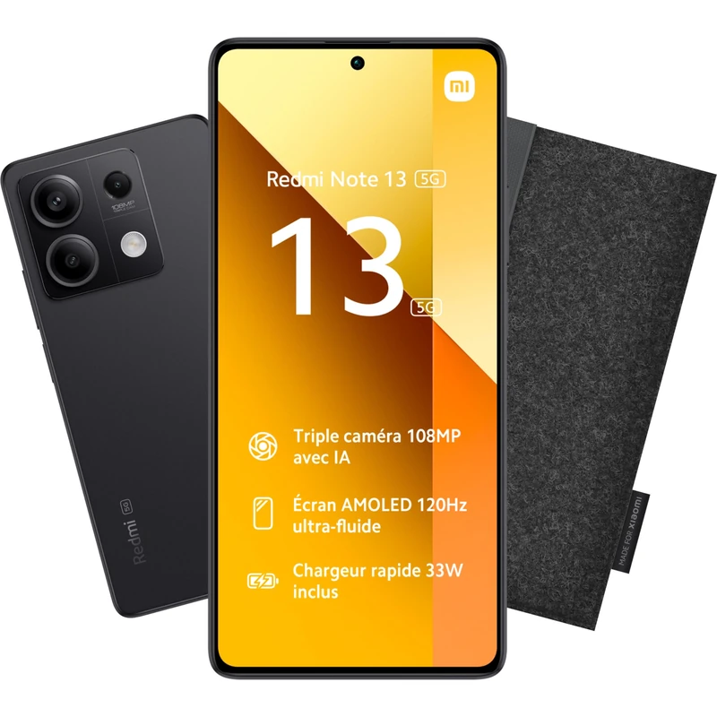 Xiaomi Redmi Note 13 5G 8/256 Bundle + Dark Grey Case, 6.67 Inch Screen, Unlocked Smartphone, 5000 mAh Battery, 256GB ROM Memory, 8GB RAM, Android 13, Graphite Black