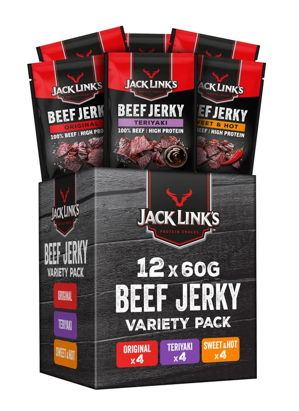 Jack Links - Beef Jerky - Mixed Flavour Dried Meat Snack - Box of 12 x 60g - High Protein Snacks for Gym, Fitness, Outdoor, Hiking - American Food