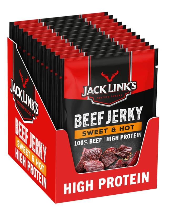 Jack Link’s Beef Jerky Sweet & Hot - 12-Pack (12 x 60 g) - Dried Meat Protein Snacks - High-Protein Snack for Gym, Fitness, Outdoor - American Food for People - Jerky Chips Made from Beef - Image 1