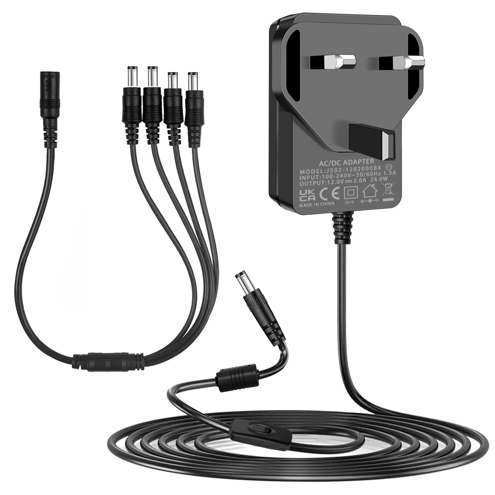 Security Camera Power Supply, 12V 2A Power Supply for 12Vdc CCTV Camera Home Security Camera DVR/NVR/HVR (Analog AHD IP) Surveillance System Monitoring Camera with 4 Split Power Cable