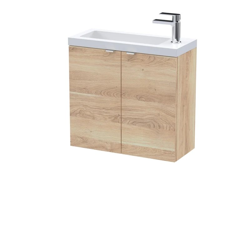 Hudson Reed CBI3029 Fusion Modern Bathroom Wall Hung 2 Soft Close Door Vanity Unit and Polymarble Basin, 600mm, Bleached Oak