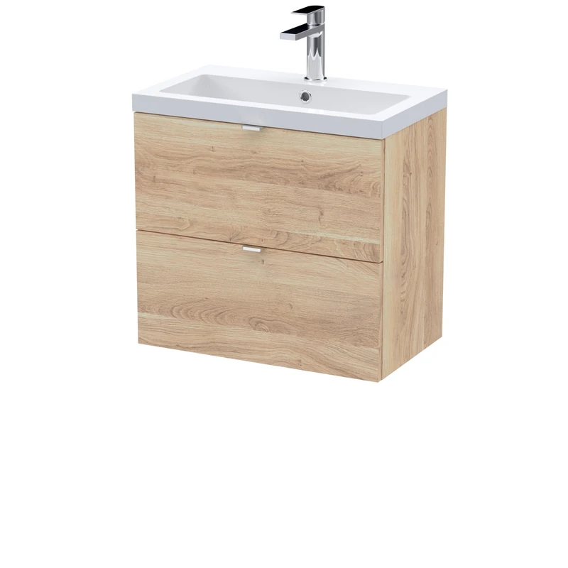 Hudson Reed CBI3030 Fusion Modern Bathroom Wall Hung 2 Soft Close Drawer Vanity Unit and Polymarble Basin, 600mm, Bleached Oak