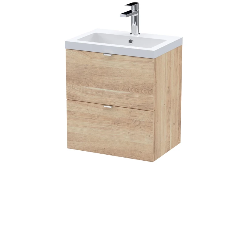 Hudson Reed CBI3041 Fusion Modern Bathroom Wall Hung 2 Soft Close Drawer Vanity Unit and Polymarble Basin, 500mm, Bleached Oak