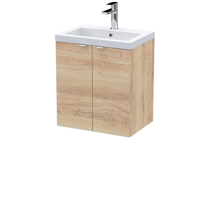 Hudson Reed CBI3040 Fusion Modern Bathroom Wall Hung 2 Soft Close Door Full Depth Vanity Unit and Polymarble Basin, 500mm, Bleached Oak