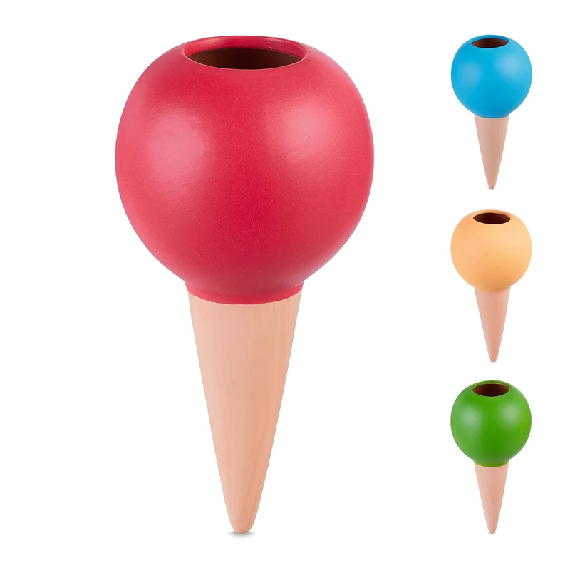 Relaxdays 4x Clay Cone Watering, 300ml each, Irrigation Aid for Houseplants, Ball Design, Sprinkler Plug, Colourful, Ceramics, 18 x 9 x 9 cm