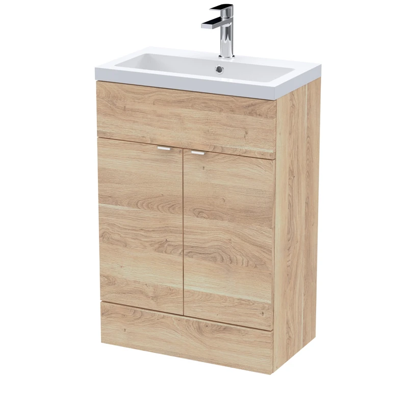 Hudson Reed CBI3007 Fusion Modern Bathroom Floor Standing 2 Soft Close Door Vanity Unit and Polymarble Basin, 600mm, Bleached Oak