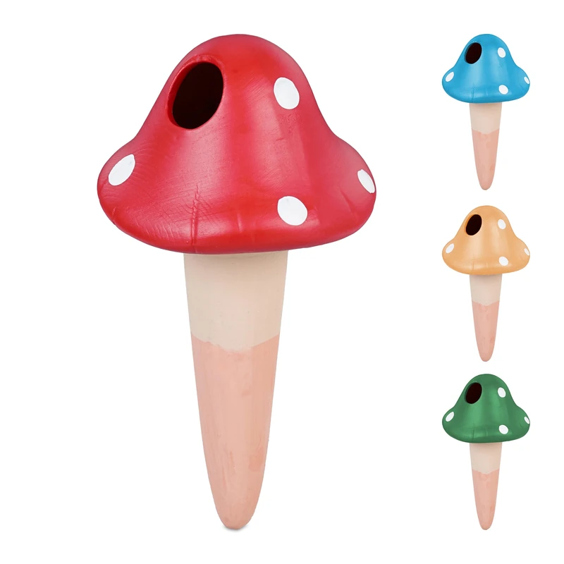 Relaxdays 4x Clay Cone Watering, 100ml each, Mushroom Design, Irrigation Aid, Houseplants & Balcony Boxes, Multicoloured, Ceramics, 16 x 8.5 x 8.5 cm
