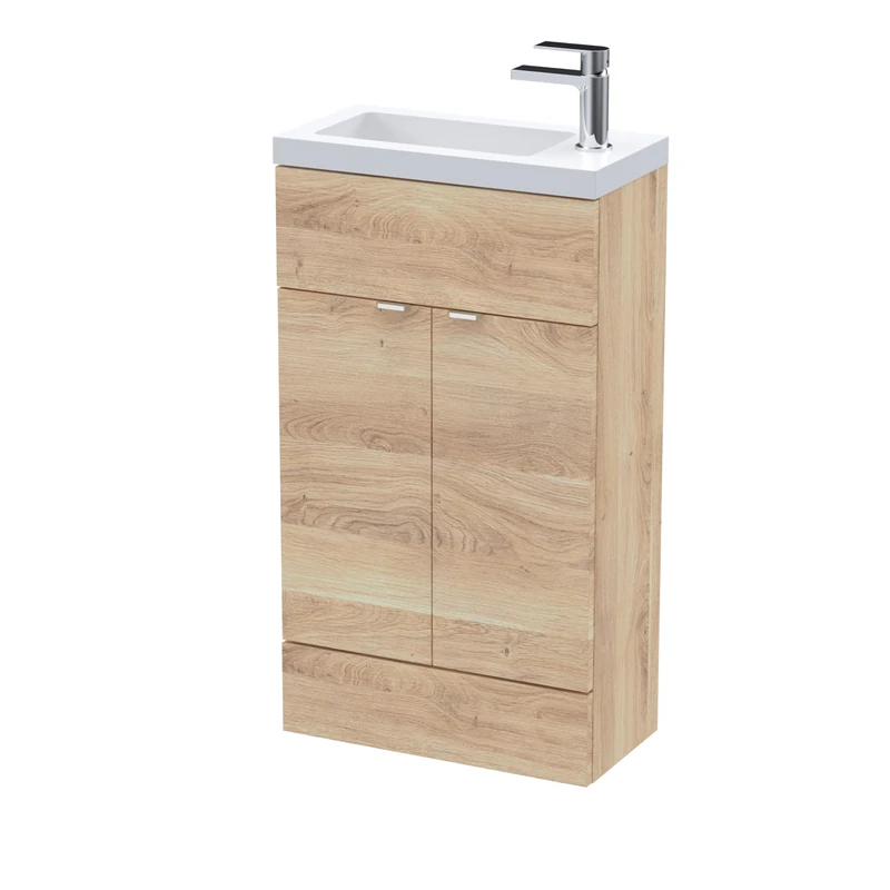 Hudson Reed CBI3022 Fusion Modern Bathroom Floor Standing 2 Soft Close Door Compact Vanity Unit and Polymarble Basin, 500mm, Bleached Oak