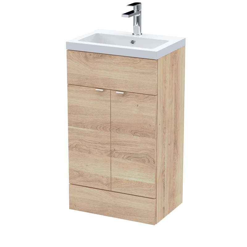 Hudson Reed CBI3024 Fusion Modern Bathroom Floor Standing 2 Soft Close Door Full Depth Vanity Unit and Polymarble Basin, 500mm, Bleached Oak