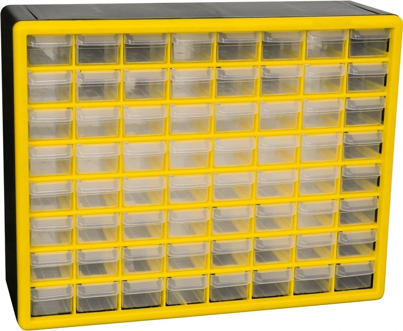 Akro-Mils 10164 64-Drawer Plastic Drawer Storage Cabinet for Garage Organization, Teacher Toolbox, Makeup Organizer, and More, 50.8 cm W x 16 cm D x 40.6 cm H, Yellow