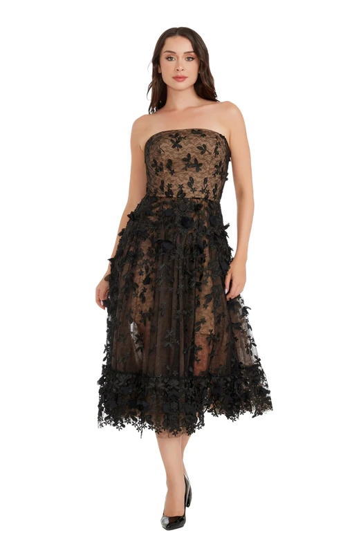 Dress the Population Women's Kailyn Fit and Flare Midi Dress Special Occasion, Black-Nude, XS