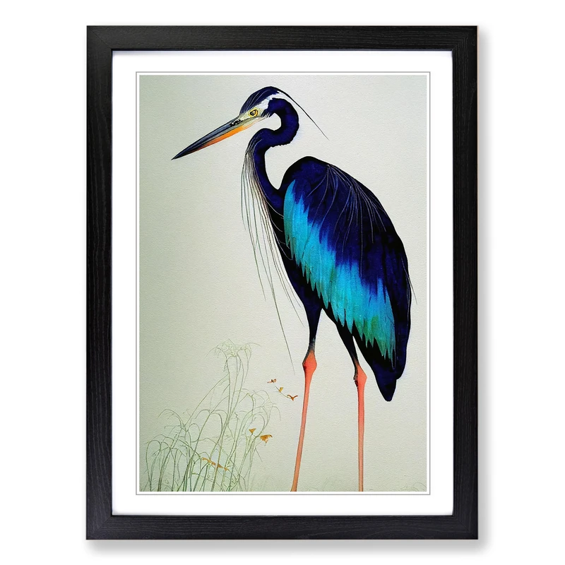 Watercolour Heron Bird Vol.1 Framed Print | A2 Black Framed Wall Art | Ready to Hang | Modern Animal Picture | Living Room Bedroom Lounge Office