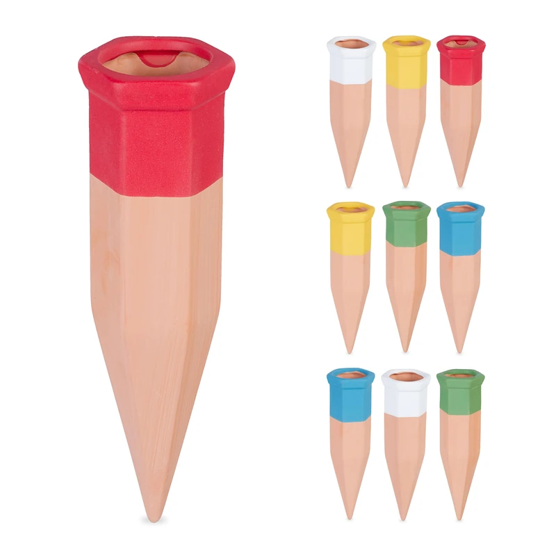 Relaxdays 10x Clay Cone Watering, Irrigation for Houseplants and Balcony Boxes, HxWxD: 17.5 x 5.5 x 5 cm, Multicoloured, Ceramics